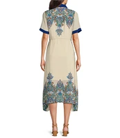 JOHNNY WAS Silk Paisley Spread Collar Short Sleeve Contrast Trim Button Front Handkerchief Shirt Dress