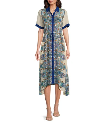 JOHNNY WAS Silk Paisley Spread Collar Short Sleeve Contrast Trim Button Front Handkerchief Shirt Dress