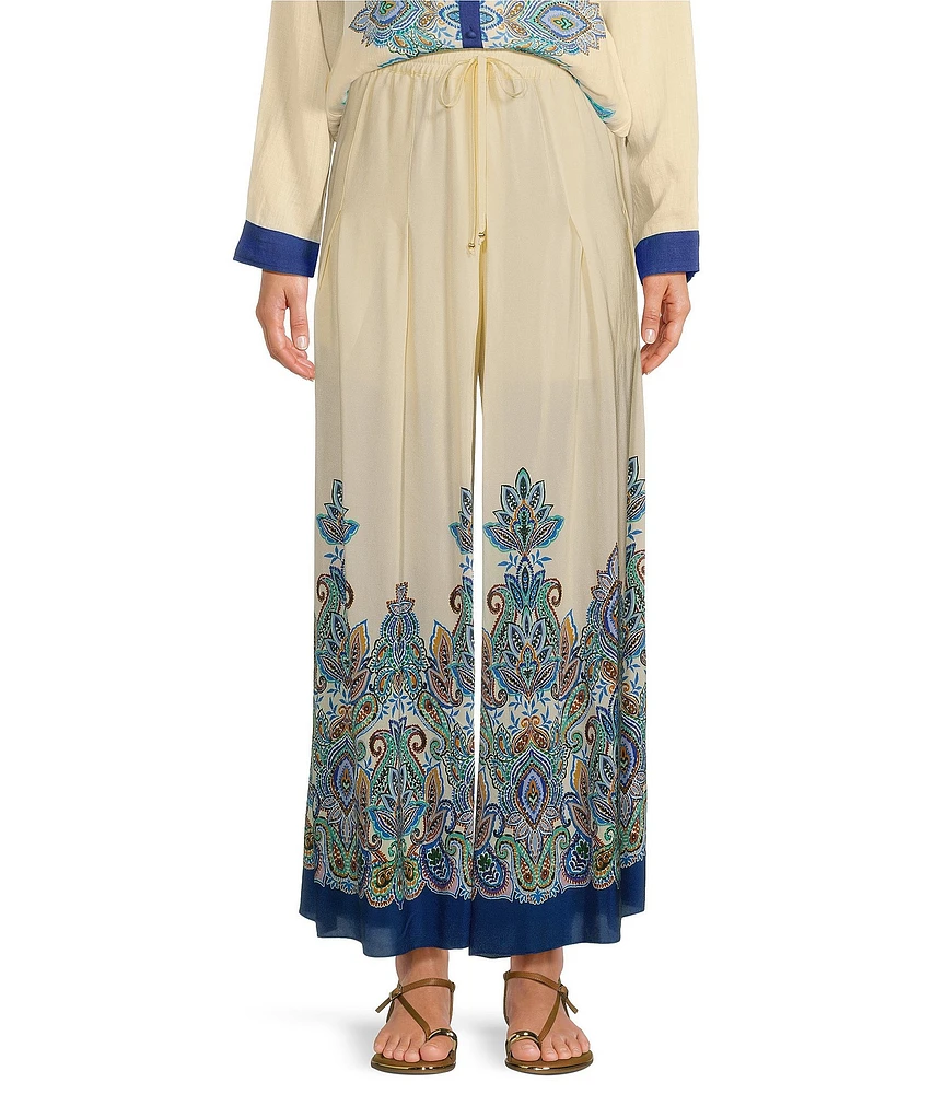 JOHNNY WAS Silk Printed Pleated Wide Leg Pull-On Pants