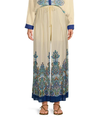 JOHNNY WAS Silk Printed Pleated Wide Leg Pull-On Pants