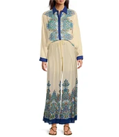 JOHNNY WAS Silk Printed Pleated Wide Leg Pull-On Pants