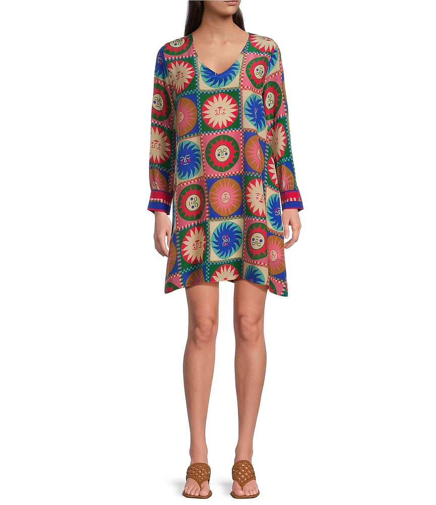 JOHNNY WAS Silk Tile Geometric Sun Print V-Neck Long Sleeve Cuffed Shift Dress