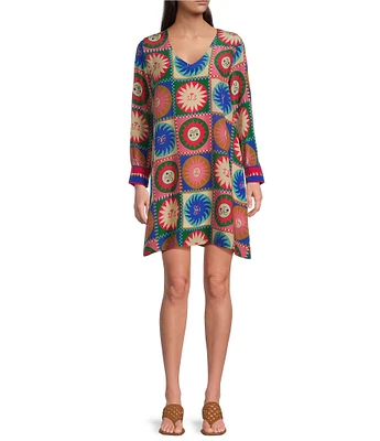 JOHNNY WAS Silk Tile Geometric Sun Print V-Neck Long Sleeve Cuffed Shift Dress