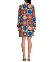 JOHNNY WAS Silk Tile Geometric Sun Print V-Neck Long Sleeve Cuffed Shift Dress