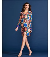 JOHNNY WAS Silk Tile Geometric Sun Print V-Neck Long Sleeve Cuffed Shift Dress
