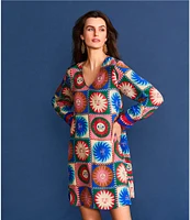 JOHNNY WAS Silk Tile Geometric Sun Print V-Neck Long Sleeve Cuffed Shift Dress