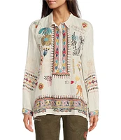 JOHNNY WAS Simmie Linen Point Collar Long Sleeve Embroidered Blouse