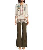 JOHNNY WAS Simmie Linen Point Collar Long Sleeve Embroidered Blouse