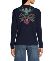 JOHNNY WAS Sisa Embroidered Placement Floral Textured Thermal Knit Henley Neck Long Sleeve Top