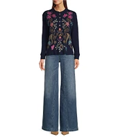 JOHNNY WAS Sisa Embroidered Placement Floral Textured Thermal Knit Henley Neck Long Sleeve Top