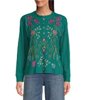 JOHNNY WAS Sisa Embroidered Placement Floral Textured Thermal Knit Henley Neck Long Sleeve Top