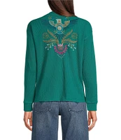 JOHNNY WAS Sisa Embroidered Placement Floral Textured Thermal Knit Henley Neck Long Sleeve Top