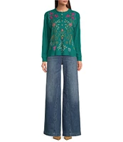 JOHNNY WAS Sisa Embroidered Placement Floral Textured Thermal Knit Henley Neck Long Sleeve Top