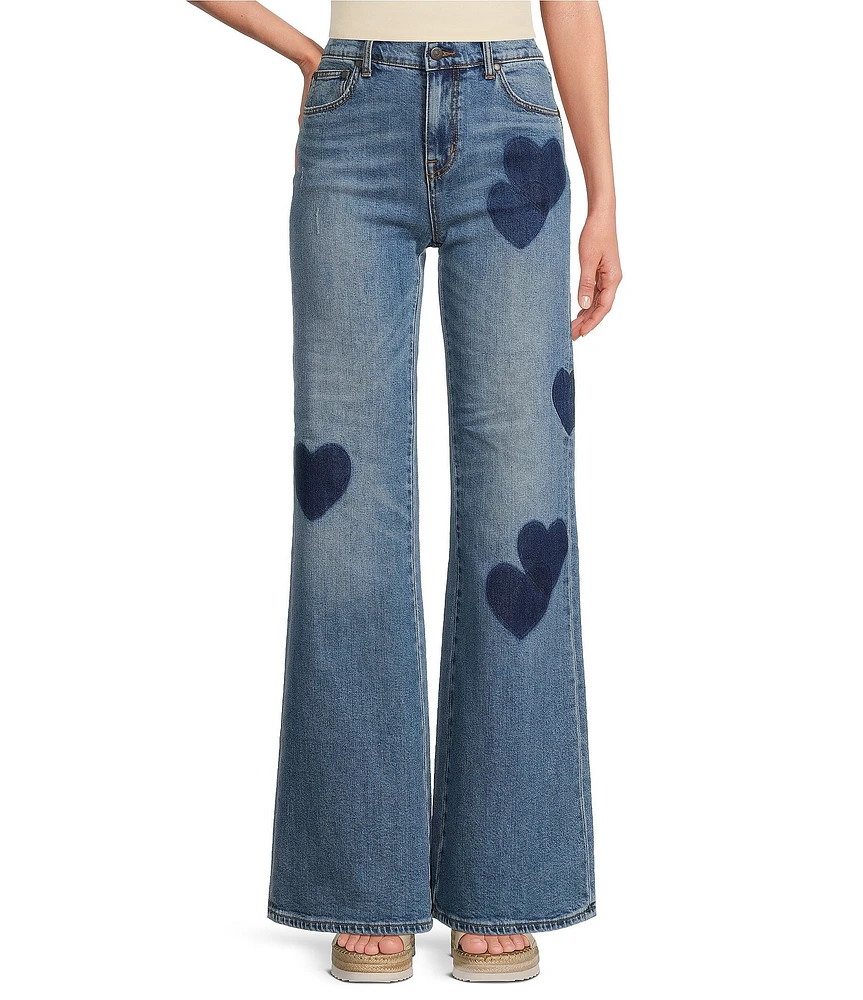 JOHNNY WAS Stretch Denim Heart Placement Print 5-Pocket Flare Leg Jeans