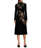 JOHNNY WAS Stretch Velvet Embroidered Floral Mock Neck Long Sleeve Midi Sheath Dress