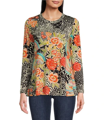 JOHNNY WAS Sunrise Favorite Patchwork Floral Geo Print Long Sleeve Tee Shirt