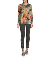JOHNNY WAS Sunrise Favorite Patchwork Floral Geo Print Long Sleeve Tee Shirt