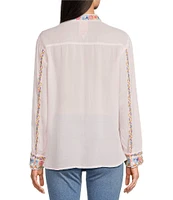 JOHNNY WAS Sydnee Woven Embroidered Point Collar Long Sleeve Button Front Blouse