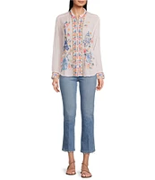 JOHNNY WAS Sydnee Woven Embroidered Point Collar Long Sleeve Button Front Blouse