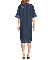 JOHNNY WAS Tarra Placement Embroidered Floral V-Neck Short Bell Sleeve Shirt Dress