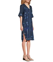 JOHNNY WAS Tarra Placement Embroidered Floral V-Neck Short Bell Sleeve Shirt Dress