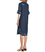 JOHNNY WAS Tarra Placement Embroidered Floral V-Neck Short Bell Sleeve Shirt Dress