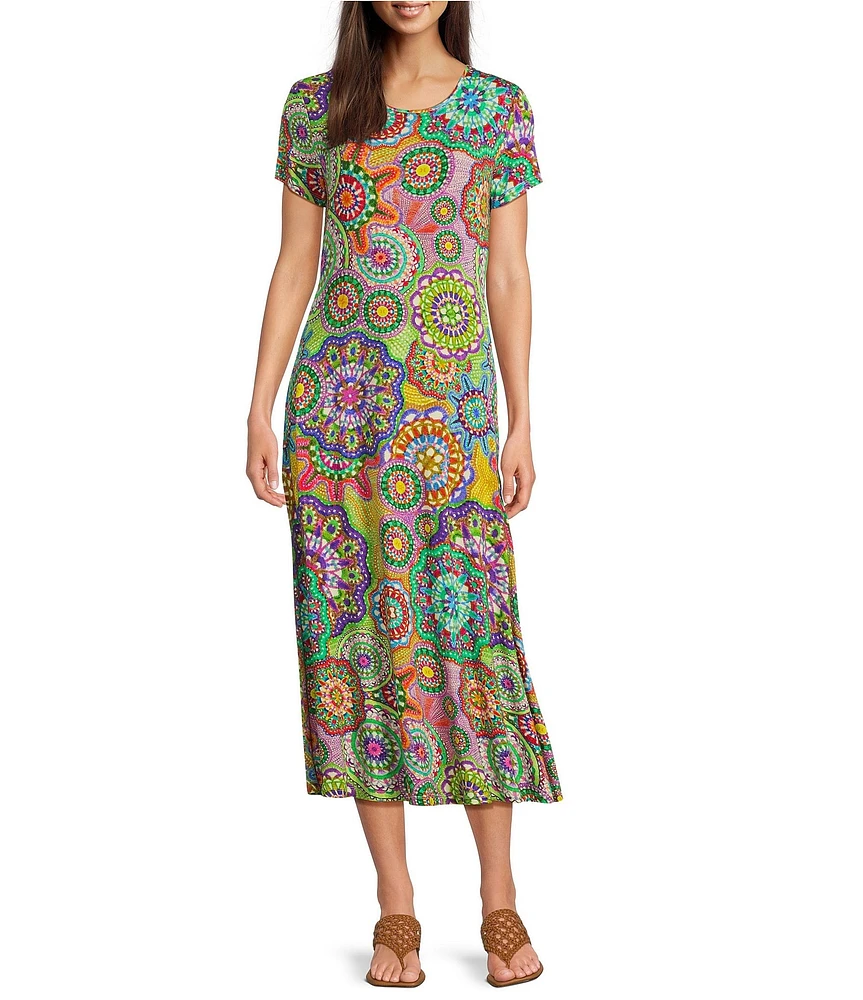 JOHNNY WAS The Janie Favorite Bamboo Knit Napperon Print Crew Neck Short Sleeve Sheath Midi Dress