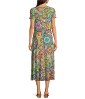JOHNNY WAS The Janie Favorite Bamboo Knit Napperon Print Crew Neck Short Sleeve Sheath Midi Dress