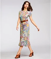 JOHNNY WAS The Janie Favorite Bamboo Knit Napperon Print Crew Neck Short Sleeve Sheath Midi Dress