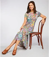 JOHNNY WAS The Janie Favorite Bamboo Knit Napperon Print Crew Neck Short Sleeve Sheath Midi Dress