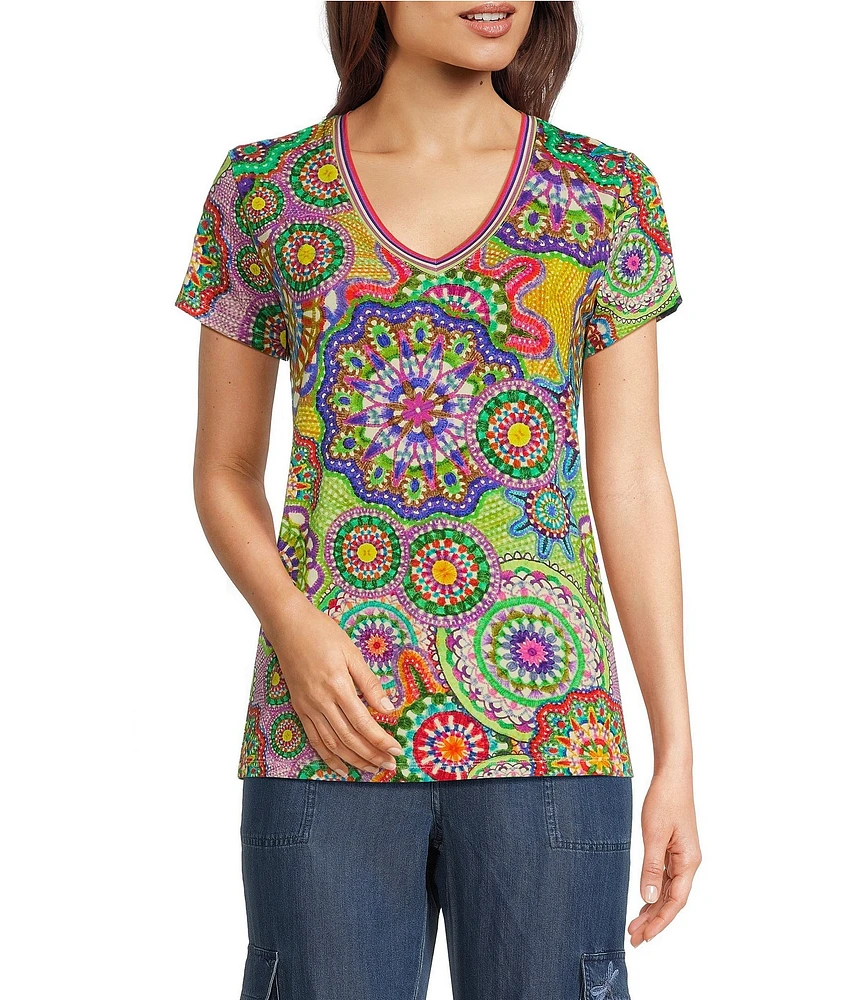 JOHNNY WAS The Janie Favorite Bamboo Knit Napperon Print V-Neck Short Sleeve Tee