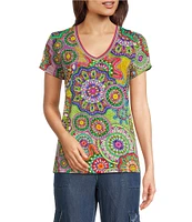 JOHNNY WAS The Janie Favorite Bamboo Knit Napperon Print V-Neck Short Sleeve Tee