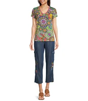 JOHNNY WAS The Janie Favorite Bamboo Knit Napperon Print V-Neck Short Sleeve Tee