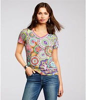 JOHNNY WAS The Janie Favorite Bamboo Knit Napperon Print V-Neck Short Sleeve Tee