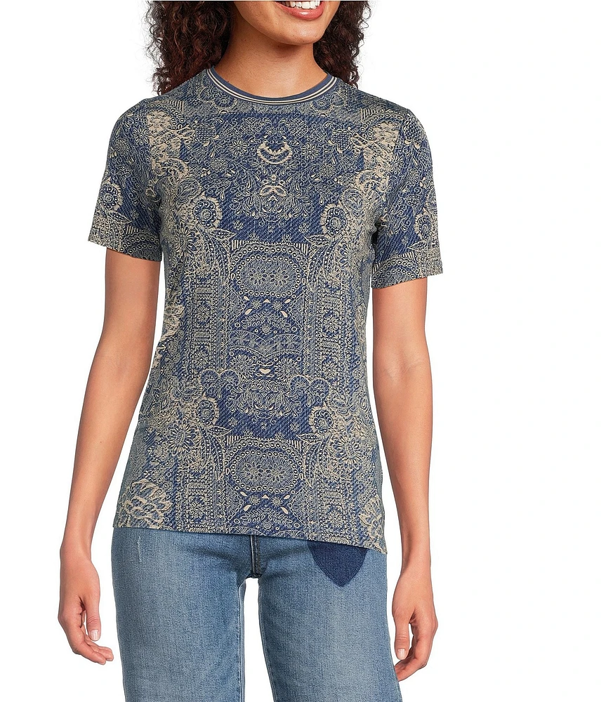 JOHNNY WAS The Janie Favorite Boho Floral Print Bamboo Knit Crew Neck Short Sleeve Tee