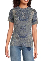 JOHNNY WAS The Janie Favorite Boho Floral Print Bamboo Knit Crew Neck Short Sleeve Tee