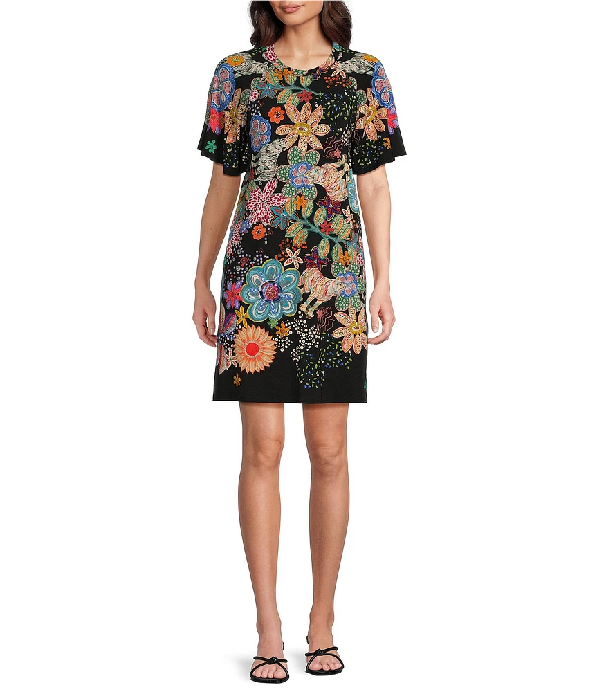 JOHNNY WAS The Janie Favorite Bold Floral Print Knit Round Neck Elbow Flutter Sleeve Shift Dress