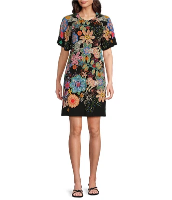 JOHNNY WAS The Janie Favorite Bold Floral Print Knit Round Neck Elbow Flutter Sleeve Shift Dress