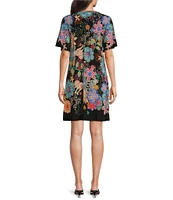 JOHNNY WAS The Janie Favorite Bold Floral Print Knit Round Neck Elbow Flutter Sleeve Shift Dress