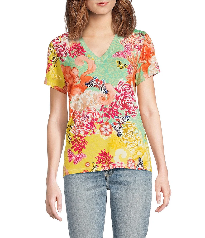 JOHNNY WAS The Janie Favorite Charlie Floral Print V-Neck Short Sleeve Knit Tee