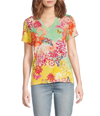 JOHNNY WAS The Janie Favorite Charlie Floral Print V-Neck Short Sleeve Knit Tee