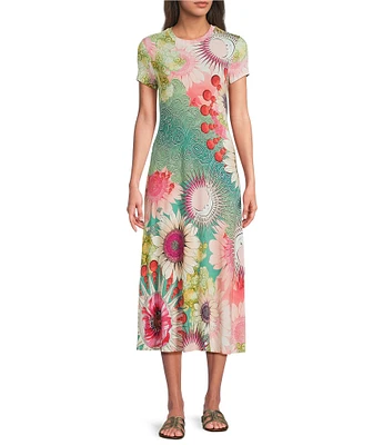 JOHNNY WAS The Janie Favorite Emily Abstract Floral Print Knit Jersey Crew Neck Cap Sleeve Midi Dress