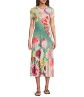 JOHNNY WAS The Janie Favorite Emily Abstract Floral Print Knit Jersey Crew Neck Cap Sleeve Midi Dress