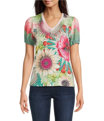 JOHNNY WAS The Janie Favorite Emily Abstract Floral Print V-Neck Short Puff Sleeve Knit Tee
