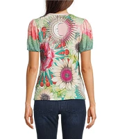 JOHNNY WAS The Janie Favorite Emily Abstract Floral Print V-Neck Short Puff Sleeve Knit Tee