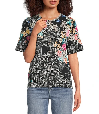 JOHNNY WAS The Janie Favorite Floral & Architecture Print Knit Round Neck Short Elbow Sleeve Button Front Tee