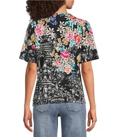JOHNNY WAS The Janie Favorite Floral & Architecture Print Knit Round Neck Short Elbow Sleeve Button Front Tee