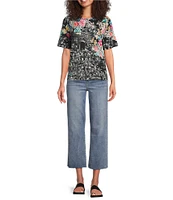 JOHNNY WAS The Janie Favorite Floral & Architecture Print Knit Round Neck Short Elbow Sleeve Button Front Tee