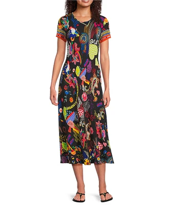 JOHNNY WAS The Janie Favorite Jenny Scarf Mixed Print Crew Neck Cap Sleeve Midi Dress