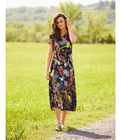 JOHNNY WAS The Janie Favorite Jenny Scarf Mixed Print Crew Neck Cap Sleeve Midi Dress